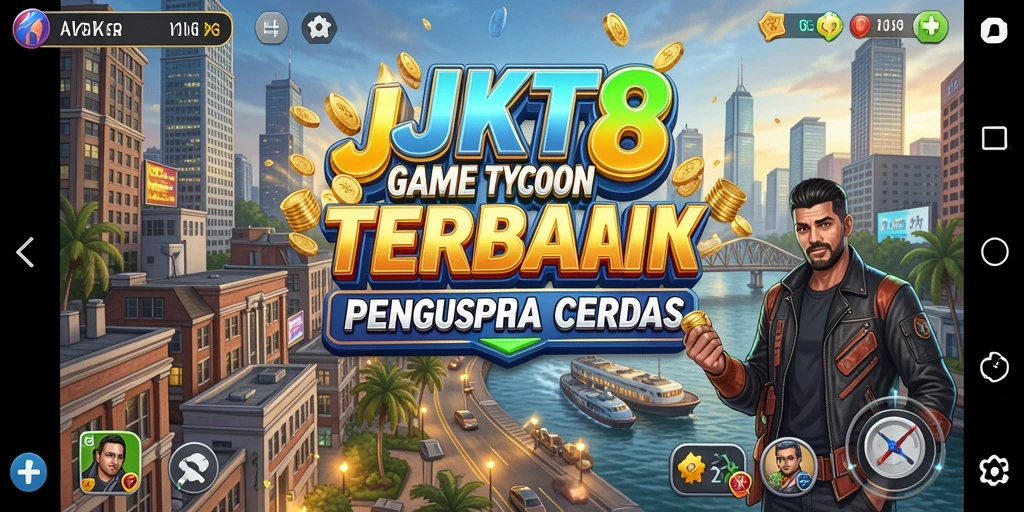 Screenshot gameplay JKT8 menampilkan simulasi bisnis yang dinamis.