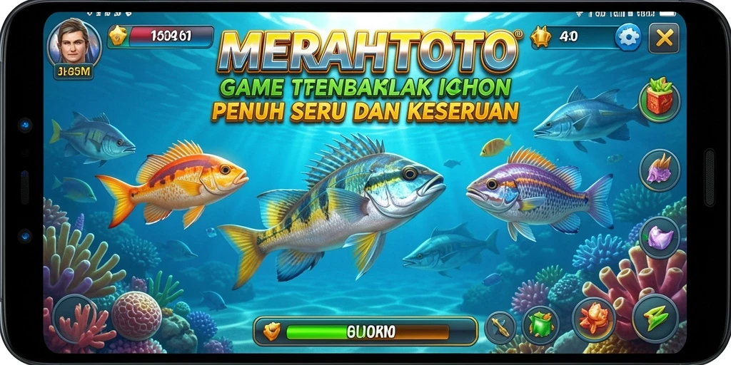 Tampilan gameplay MERAHTOTO dengan aksi menembak ikan yang seru.
