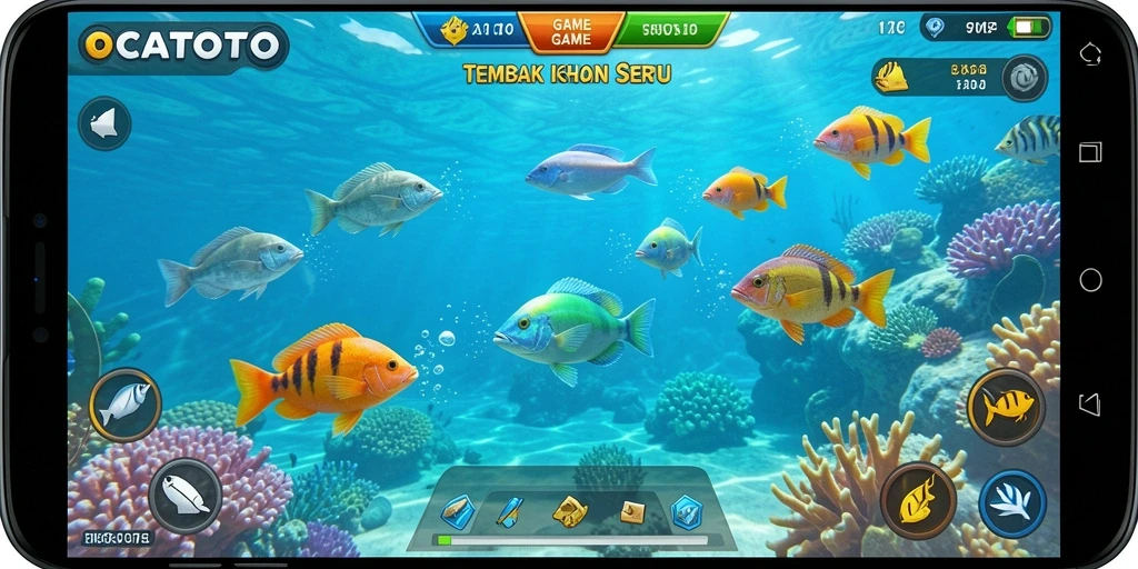 Screenshot OCATOTO menampilkan aksi seru dalam menangkap ikan.