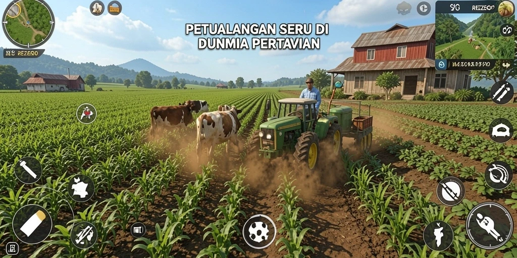 Screenshot gameplay REZEGO yang menunjukkan ladang penuh tanaman subur.