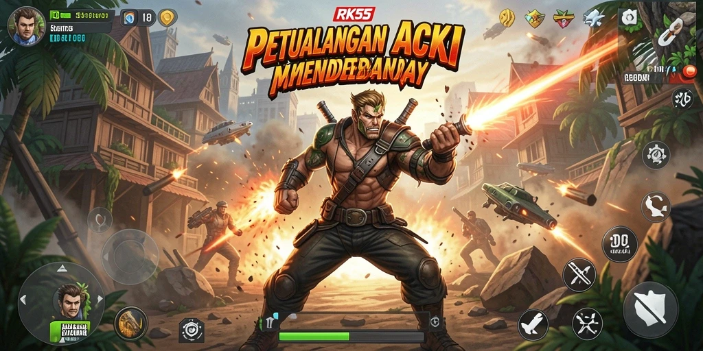 Screenshot utama RK55 menunjukkan aksi mendebarkan dalam pertarungan.