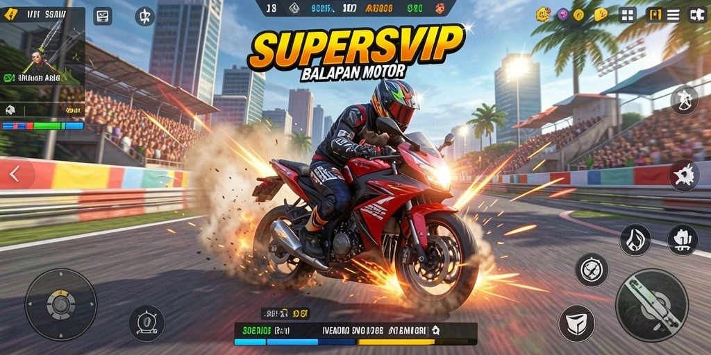 Screenshot gameplay SUPERSVIP menampilkan aksi balapan motor yang seru.